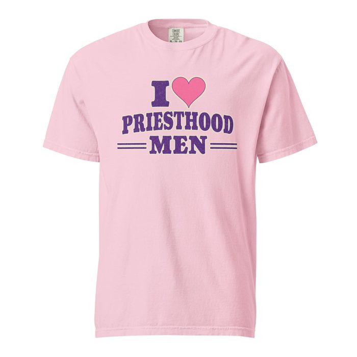 Pink tee that reads I heart Priesthood Men, laid flat