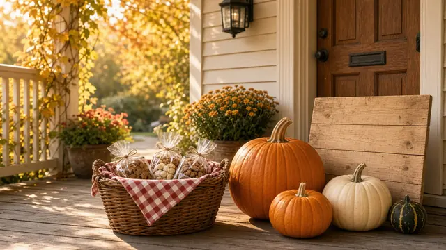 A welcoming autumn porch with pumpkins, mums and a basket of treats
