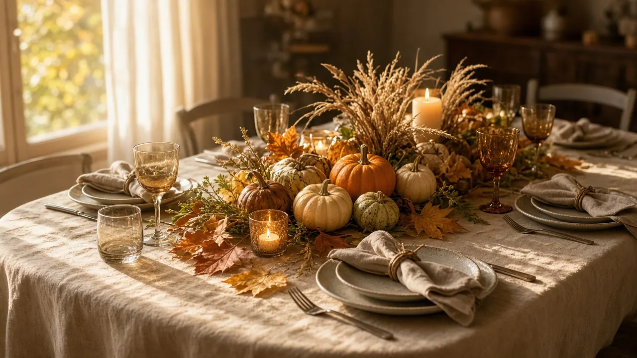 A Thanksgiving table set with pumpkins, candles, dried grasses and linen napkins in warm autumn light